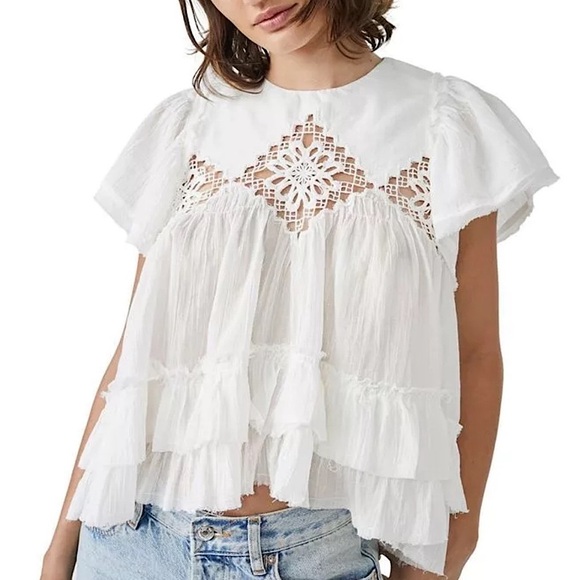 Free People Linen Cotton Blend Ruffle Lace Blouse, NWT - Picture 1 of 15
